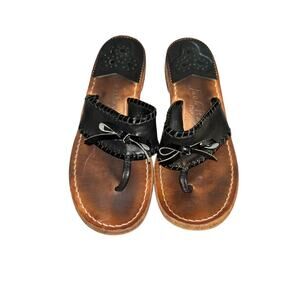Jack Rogers Adeline Black Whipstitched Leather Bow Flat Sandals Women's size 7M